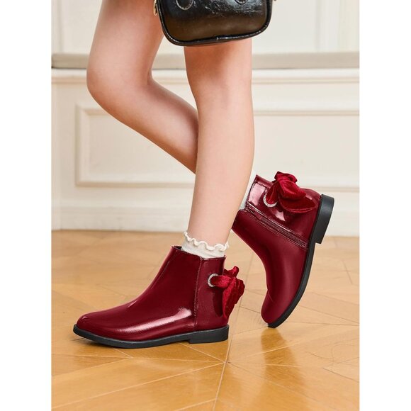 🆕Girls Wine Red Faux Leather Ankle Bow Chunky Low Heel Side Zipper Dress Boot - Picture 4 of 8